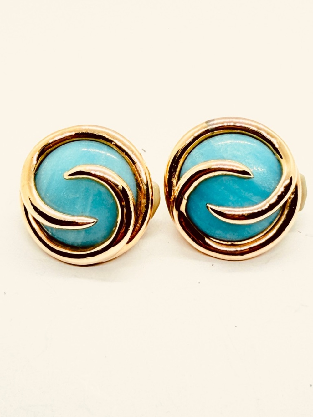 1950's CINER Signed Swivel Round Turquoise Gold‎ Tone Clip On Earrings Vintage